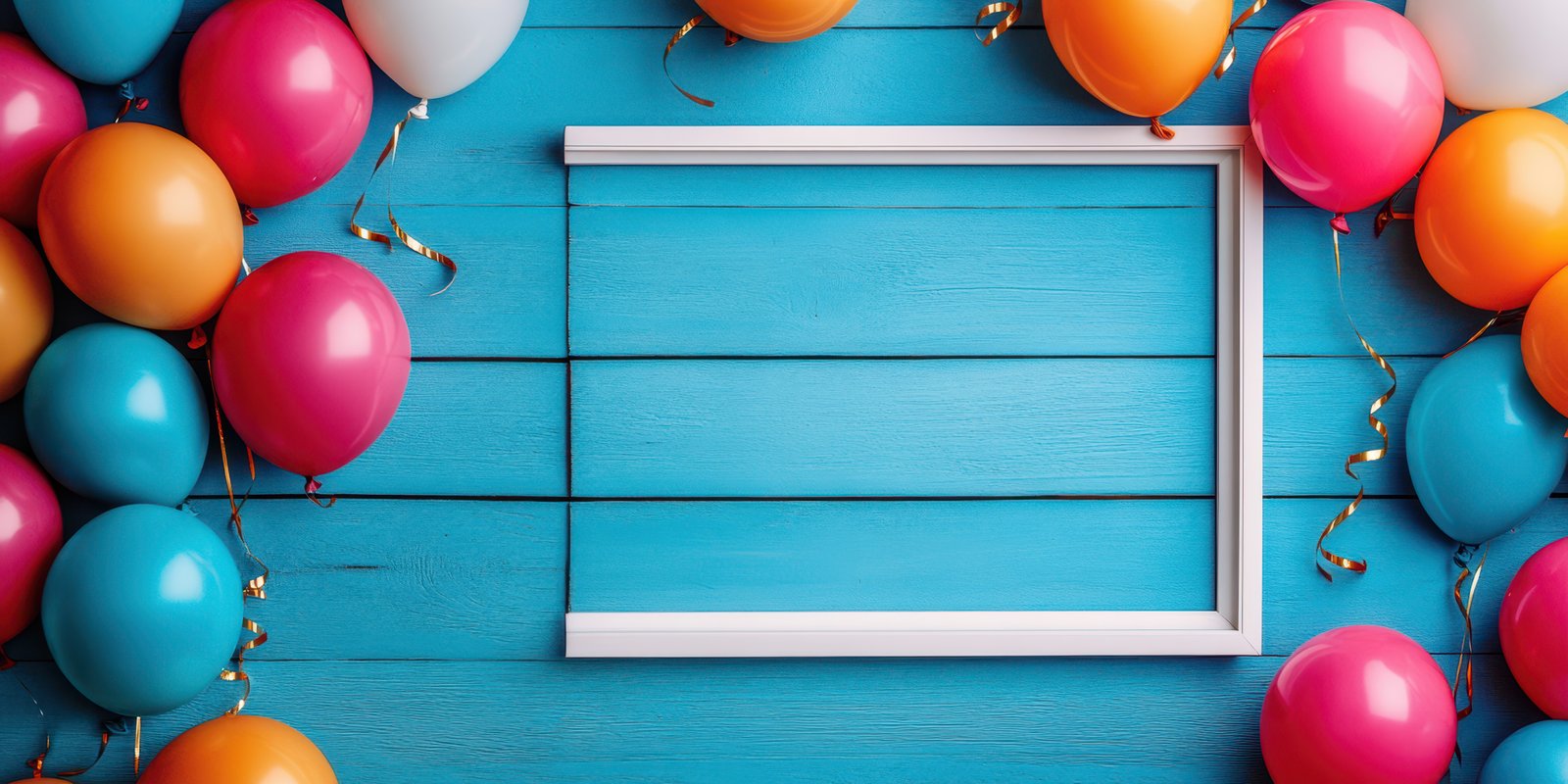 Colorful balloons surrounding an empty white frame on a bright blue wooden background for celebrations and events
